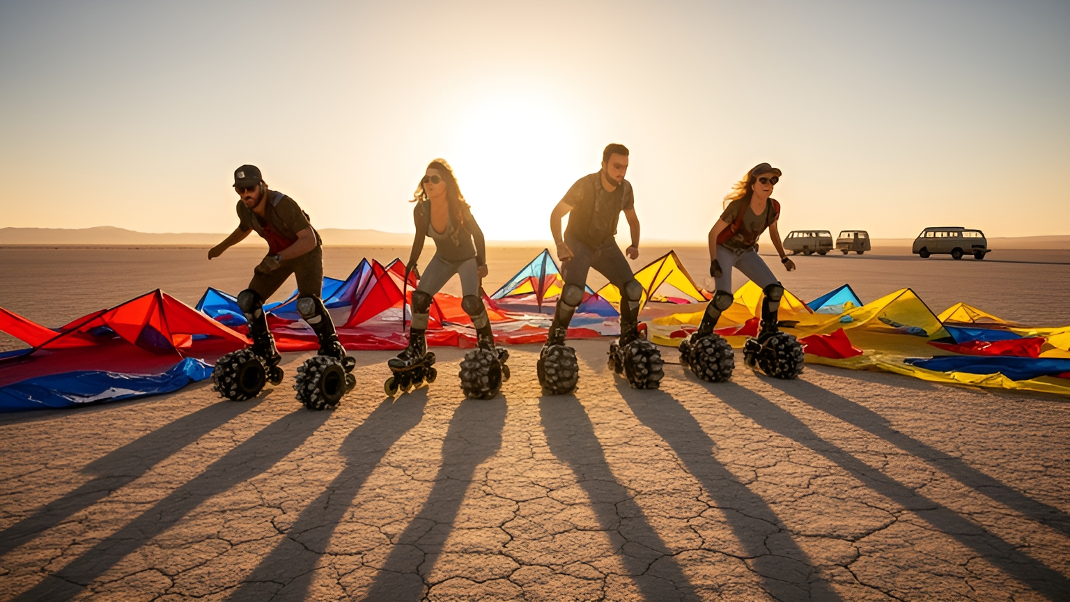 Four riders with kites laid out on a dry lake