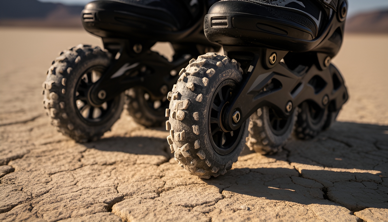 Close-up of knobby off-road inline wheels on cracked earth