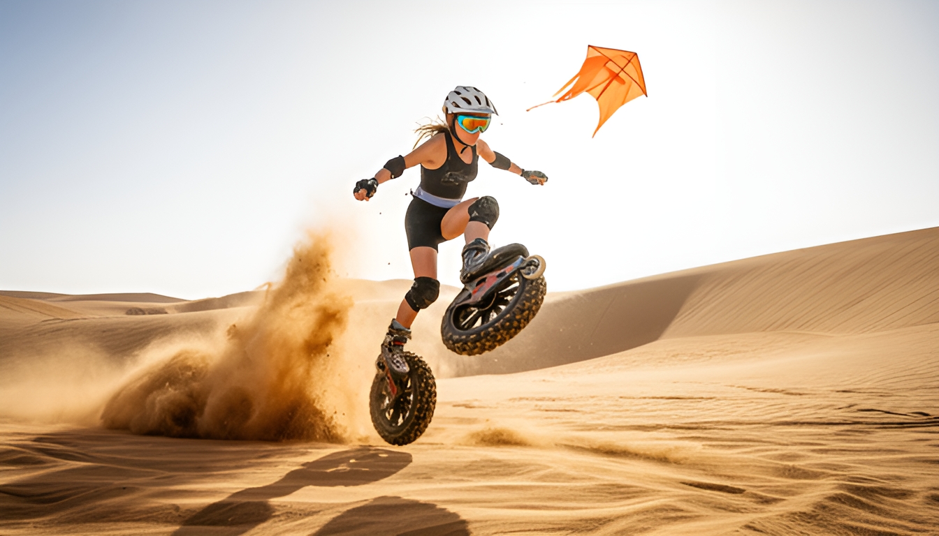 Rider on off-road inline skates airborne over a sand dune beneath an orange kite