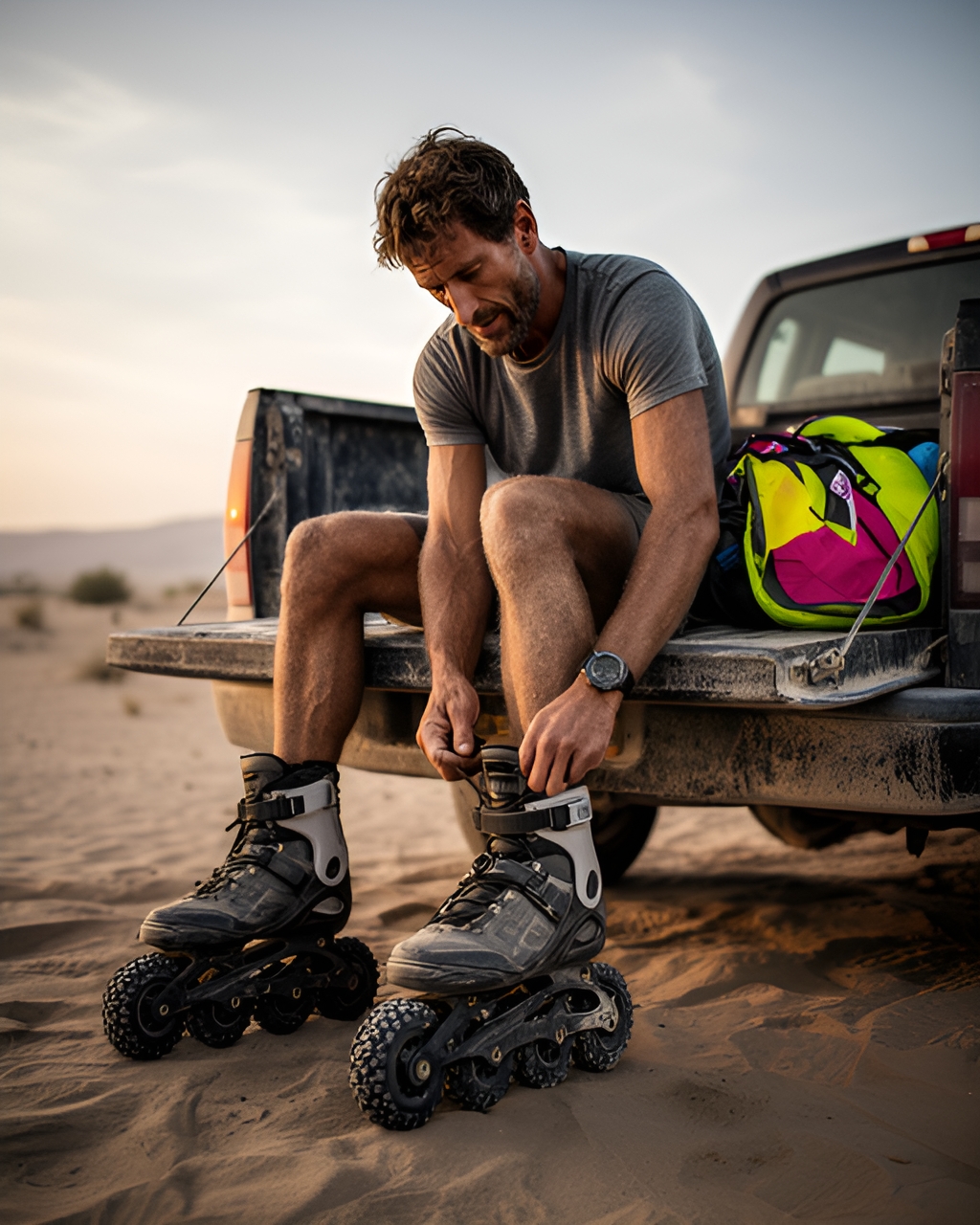 Rider lacing off-road skates on a tailgate