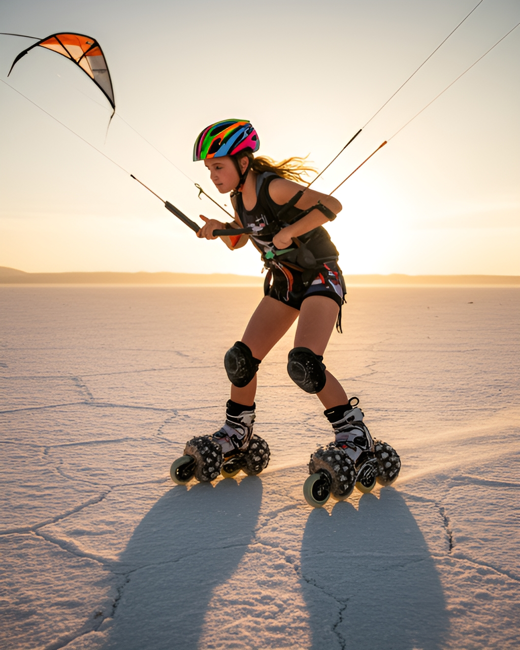 Young woman holding a kite control bar on a salt flat